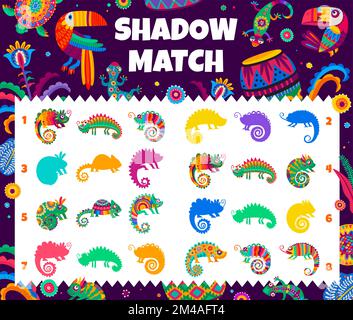 Partita ombra. Cartoon lucertole camaleonte messicano, Brasile o giungla messicana rettile, divertenti silhouette di animali colorati per bambini matching game, puzzle per bambini o confrontare immagini quiz vettore foglio di lavoro Illustrazione Vettoriale