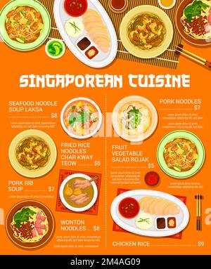 Menu di cucina singaporiana, piatti asiatici di Singapore, riso vettoriale, pollo e piatto di pasta da zuppa. Cucina singaporiana tradizionale wontons o autentici gnocchi con pesce laksa, verdure e carne di maiale Illustrazione Vettoriale