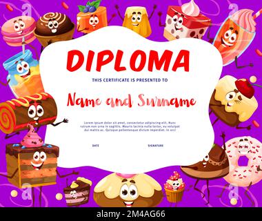 Bambini diploma cartoni animati dessert, panetteria e personaggi dolci. Modello di cornice per il premio Vector Achievement con carino amaretto, torta, ciambella, miele e cupcake. Baba, cocktail, rotolo e cheesecake personages Illustrazione Vettoriale