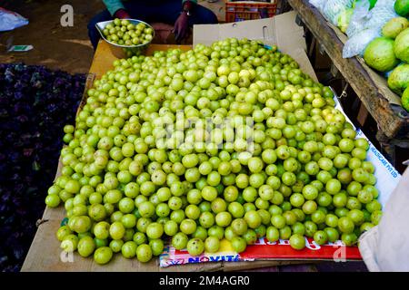 Uva spina indiana che vende sul mercato, uva spina indiana gustosa e sana chiamata AMLA in lingua hindi dell'india, uva spina indiana nel mercato per sal Foto Stock