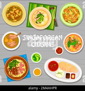 Menu di cucina singaporiana, piatti e pasti asiatici, vettore. Singapore Cuisine ristorante tradizionale pollo riso, wontons e pesce noodles zuppa laksa con costolette di maiale e menu insalate Illustrazione Vettoriale