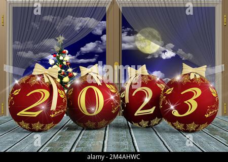 Illustrazione 3D. Anno nuovo 2023. Capodanno 2023 in numeri e con decorazione natalizia. Foto Stock