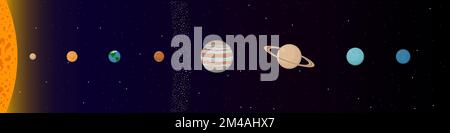 Sole, pianeti e la fascia degli asteroidi. Illustrazione vettoriale. Illustrazione Vettoriale