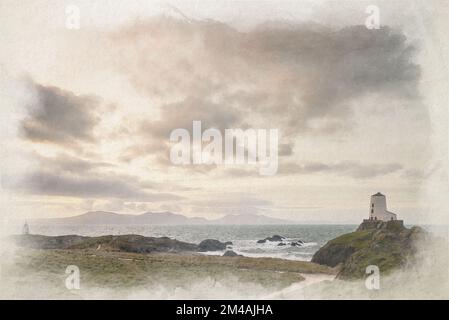 Il faro dell'isola di Llanddwyn. TWR Mawr Digital Watercolor painting at Ynys Llanddwyn on Anglesey, Wales, UK. Foto Stock