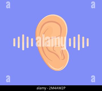 Design del logo per l'ascolto dell'orecchio, l'udito e l'organo dell'orecchio umano. Audio suono suono onde disegno vettoriale e illustrazione. Illustrazione Vettoriale