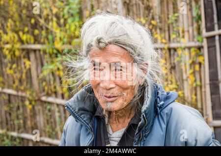 Ritratto di un vecchio Apatani indossando il tradizionale pettinino con la maglia alla fronte Foto Stock
