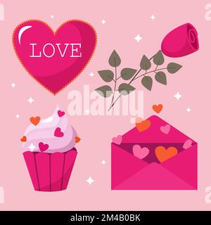 collezione di cartoni animati di san valentino elementi busta con amore rosa cupcake e cuore con lettere d'amore Illustrazione Vettoriale