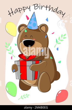 carino carta di compleanno con un orso carino in un cappello e un regalo nelle sue mani Illustrazione Vettoriale