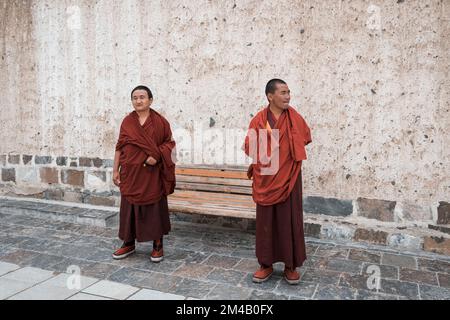 Monaci in un cortile del monastero di Tashi Lhunpo. Shigatse. Regione autonoma del Tibet. Cina. Foto Stock