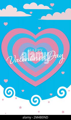 buon giorno di san valentino poster con grande cuore d'amore, mini cuori, nuvole, cielo e stelle Illustrazione Vettoriale