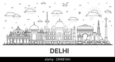 Delineare Delhi India skyline della città con edifici storici isolati su bianco. Illustrazione Vettoriale. Delhi Cityscape con punti di riferimento. Illustrazione Vettoriale