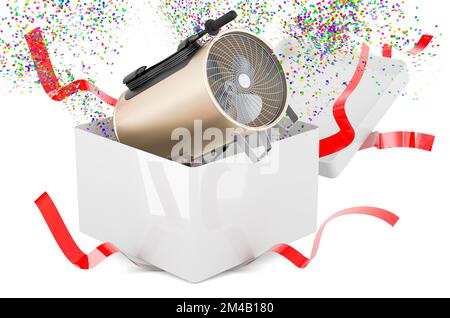 Riscaldatore con soffiante all'interno della confezione regalo, concetto attuale. Rendering 3D isolato su sfondo bianco Foto Stock