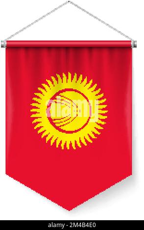 Vertical Pennant Flag of Kyrgyzstan come icona sul bianco con effetti ombra. Segno patriottico in Schema colore ufficiale, bandiera del Kirghizistan Illustrazione Vettoriale