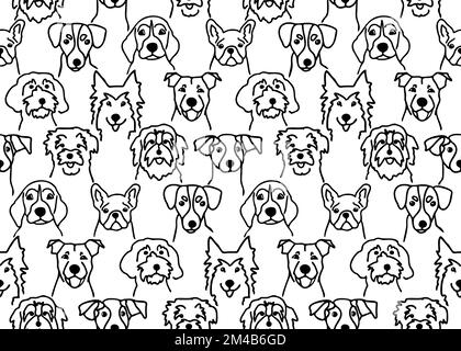 Motivo senza cuciture con il contorno nero Doodle cani facce. Cute testa di cane schizzi sfondo. Illustrazione vettoriale di razze di cucciolo differenti. Illustrazione Vettoriale