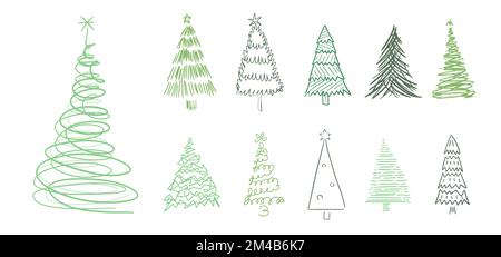 Albero di Natale disegnato mano doodle illustrazione set. Strana, bizzarra e originale collezione di disegno albero di Natale. Illustrazione Vettoriale