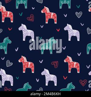 Cavalli dala con elementi decorativi boho motivo senza cuciture. Cavallo dalecarliano tradizionale statuette di legno originario della Dalarna, svedese. Scandinavi Illustrazione Vettoriale