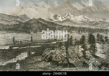 Vista del Longs Peak nelle Montagne Rocciose, USA, illustrazione 1871 Foto Stock