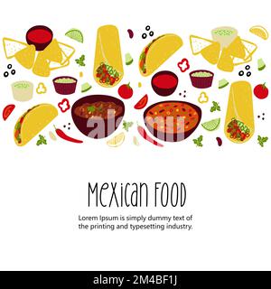 Illustrazione del cibo messicano Tacos, Burrito, Chili con Carne, Nachos, Guacamole su sfondo bianco Illustrazione Vettoriale
