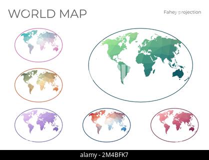 Mappa mondo Poly bassa impostata. Fahey proiezione pseudocilindrica. Collezione di mappe del mondo in stile geometrico. Illustrazione vettoriale. Illustrazione Vettoriale