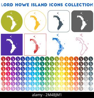 Collezione di icone dell'isola di Lord Howe. Icone luminose e colorate alla moda. Badge di Lord Howe Island moderno. Illustrazione vettoriale. Illustrazione Vettoriale
