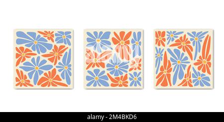 1970 poster quadrati di fiori grovy margherite retrò. Astratto ondulato copre il design retrò. Sfondo curvy psichedelico fiorito. Illustrazione vettoriale Illustrazione Vettoriale