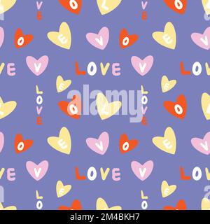 Amore lettere e cuori senza cuciture modello. San Valentino sfondo astratto. Carta da imballaggio disegnata a mano semplice hippie brillante, copertina. Vettore il Illustrazione Vettoriale