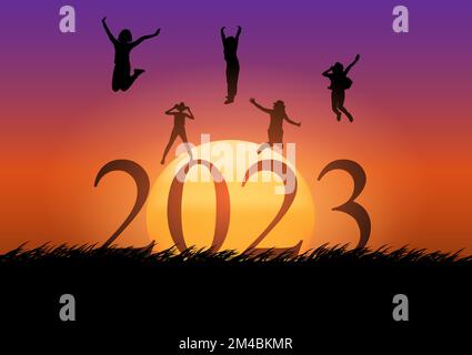 Grafica disegno numero di silhouette per 2023 con gruppi Jump Happy New Year outdoor con tramonto sfondo vettoriale illustrazione concetto Happy new Illustrazione Vettoriale