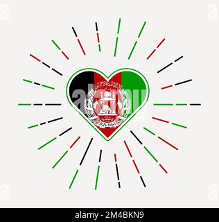 Afghanistan cuore con bandiera del paese. Sunburst intorno all'Afghanistan segno di cuore. Illustrazione vettoriale. Illustrazione Vettoriale
