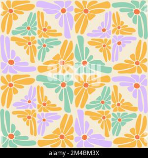 Groovy trippy piastrelle margherita senza cuciture motivo. Astratto naif psichedelico, fiori disegnati a mano mosaico patchwork. 1970 sfondo retrò hippie vibe. Vintag Illustrazione Vettoriale