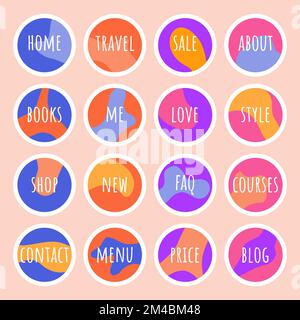 Set di evidenziazioni forme organiche fluide astratte. Copertine dei social media per la progettazione di storie. Cornici ondulate groovy in colori luminosi. Semplice minimalismo d Illustrazione Vettoriale