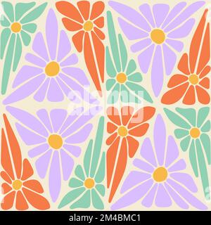 Groovy trippy daisy astratto disegno a mano modello senza cuciture estetica. Triangolo fiori retro patchwork. 1970 sfondo vintage hippie vibe. Texti copertura Illustrazione Vettoriale
