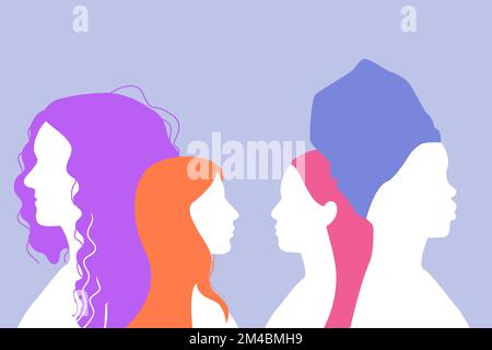 Le ragazze astratte profili silhouette diversi capelli e copricapo. Modello banner per l'allyship femminile. Mese di storia delle donne. Giornata internazionale delle donne. 8 m Illustrazione Vettoriale