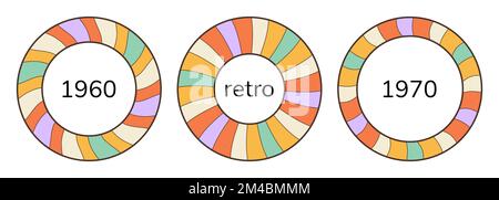 1960, 1970 cornici rotonde rainbow a spirale per set fotografico. Collezione retrò vintage groovy psichedelic Borders. Cerchi colorati come vinil recors decoratio Illustrazione Vettoriale