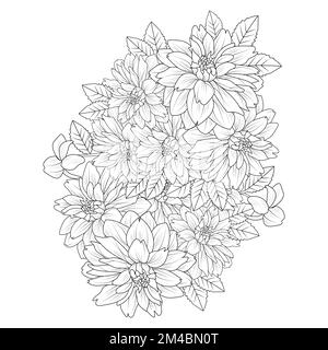 garden dahlia fiore illustrazione con tratto a matita in doodle arte disegno di colorazione pagina design Illustrazione Vettoriale