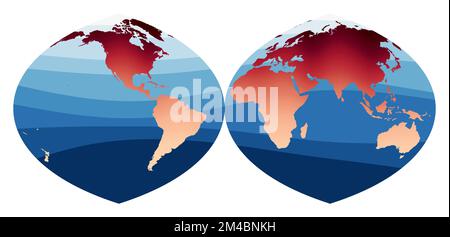 Vettoriale della mappa del mondo. Proiezione autenticale quartic interrotta in due emisferi. Mondo in rosso-arancione sfumatura sulle profonde onde blu dell'oceano. Illustrazione Vettoriale