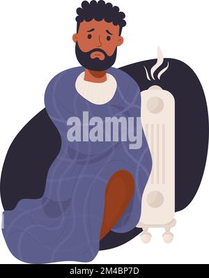 L'uomo tristemente bearded scuro-skinned avvolto in coperta sta gelando e crogiolandosi vicino radiatore caldo. Illustrazione vettoriale. Concept stagione fredda, sofferenza di bassa Illustrazione Vettoriale