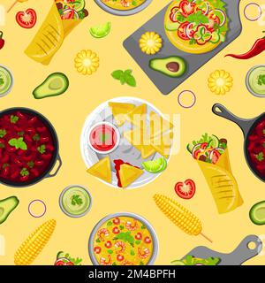 Modello senza cuciture che raffigura la cucina messicana tradizionale. Illustrazione Vettoriale