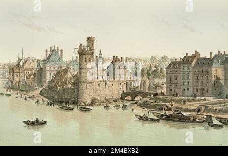 Il Tour de Nesle e l'Hotel de Guenegaud a Parigi nel 1650 (da sinistra a destra: Pont Neuf, l'Château Gaillard, l'Hotel de Guenegaud (Hotel de Nevers), Tour de Nesle, Porte de Nesle, Pit, Port aux Passeurs, Rue Seine) Foto Stock