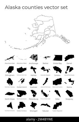 Mappa dell'Alaska con forme di regioni. Mappa vettoriale vuota dello Stato degli Stati Uniti con le contee. Confini dello stato degli Stati Uniti per la vostra infografica. Illustrazione vettoriale. Illustrazione Vettoriale