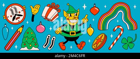 Buon Natale e felice anno nuovo alla moda dei personaggi dei cartoni animati retrò. Groovy hippie Natale Santas elfo e oggetti invernali. Caratteri vettoriali Cartoon Illustrazione Vettoriale