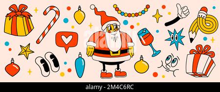 Buon Natale e felice anno nuovo pack di personaggi di cartoni animati retrò alla moda. Adesivi di Natale groovy hippie con Babbo Natale e oggetti invernali Illustrazione Vettoriale
