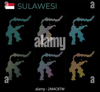 Set di mappe punteggiate di Sulawesi. Mappa di Sulawesi in stile punteggiato. Bordi dell'isola pieni di bellissimi cerchi sfumati. Illustrazione Vettoriale