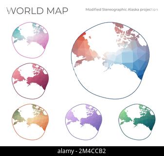 Mappa mondo Poly bassa impostata. Proiezione stereografica modificata per Alaska. Collezione di mappe del mondo in stile geometrico. Illustrazione vettoriale. Illustrazione Vettoriale