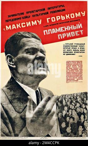 Poster russo d'epoca - Gustav Klutsis (1895-1938) CORDIALI AUGURI A MAXIM GORKY Foto Stock