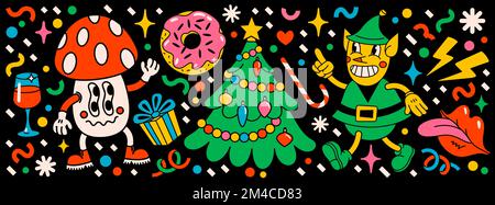 Buon Natale e felice anno nuovo pack di personaggi di cartoni animati retrò alla moda. Adesivi di Natale groovy hippie con albero di Natale, cupcake e inverno Illustrazione Vettoriale