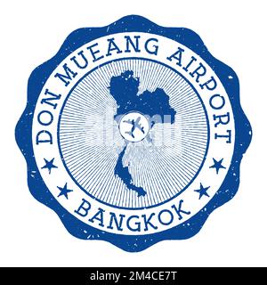 Aeroporto Don Mueang di Bangkok francobollo. Logo rotondo dell'aeroporto di Bangkok con posizione sulla mappa della Thailandia contrassegnata dall'aereo. Illustrazione vettoriale. Illustrazione Vettoriale