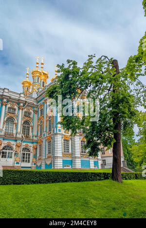 Le guglie dorate della Chiesa della Risurrezione nel Palazzo di Caterina. Situato nella città di Tsarskoye Selo (Pushkin), St. Petersburg, Russia. 24 Foto Stock