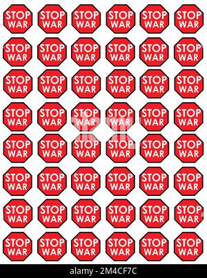 Stop alla guerra. Illustrazione del segnale rosso di stop con la parola guerra. Niente più simboli di guerra. Icona Stop War. Foto Stock