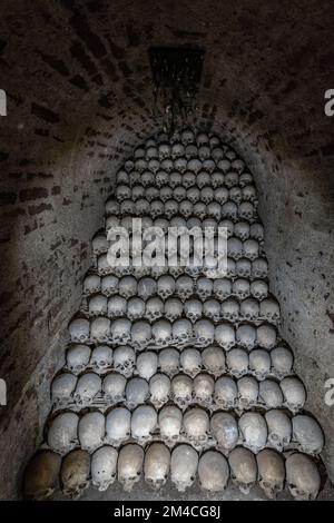 Teschi umani dell'Ossario di Brno sotto San James Church - Brno, Repubblica Ceca Foto Stock