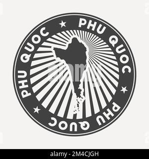 Logo rotondo Phu Quoc. Badge da viaggio vintage con il nome circolare e la mappa dell'isola, illustrazione vettoriale. Può essere utilizzato come insegna, logotipo, etichetta, sti Illustrazione Vettoriale